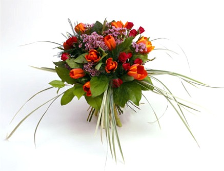 Hand-tied Bouquet of Tulips, Spray Roses, Wax Flower 